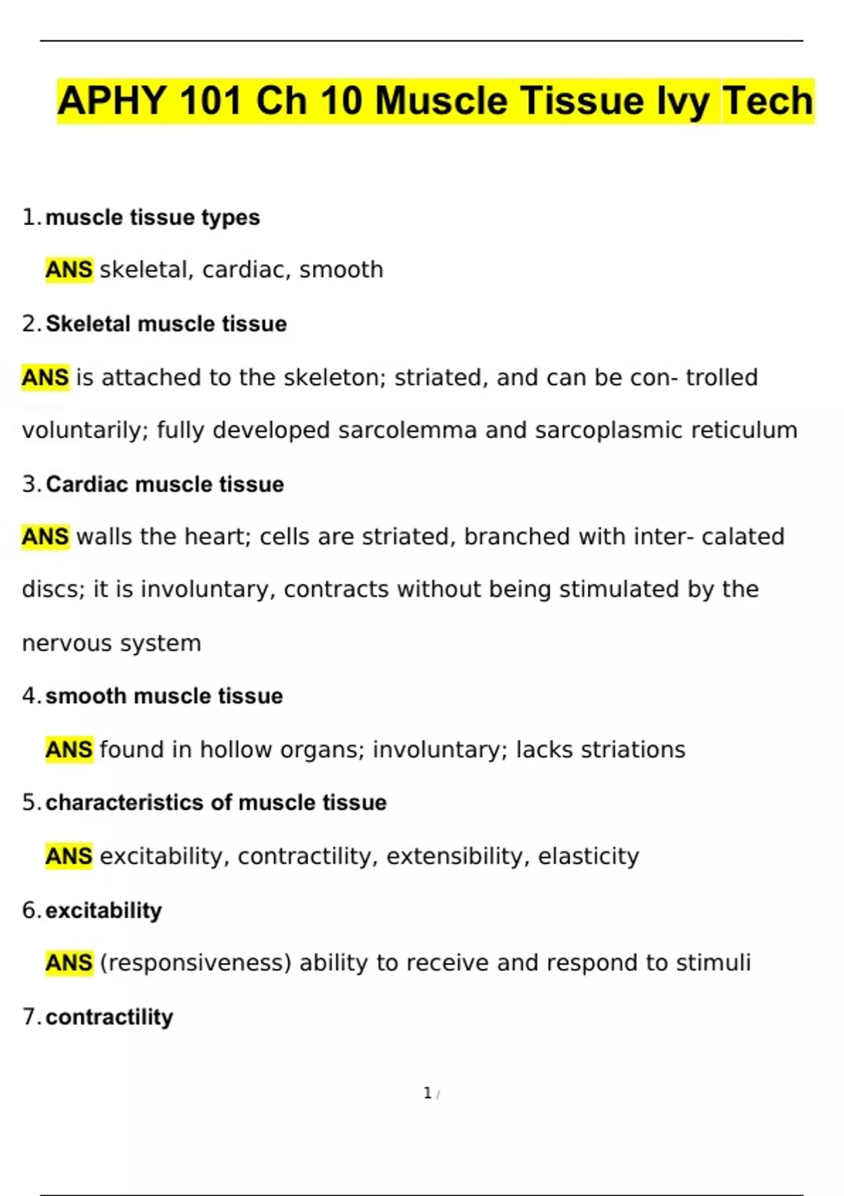 Ivy Tech APHY 101 Ch 10 Muscle Tissue Questions and Verified Answers ...