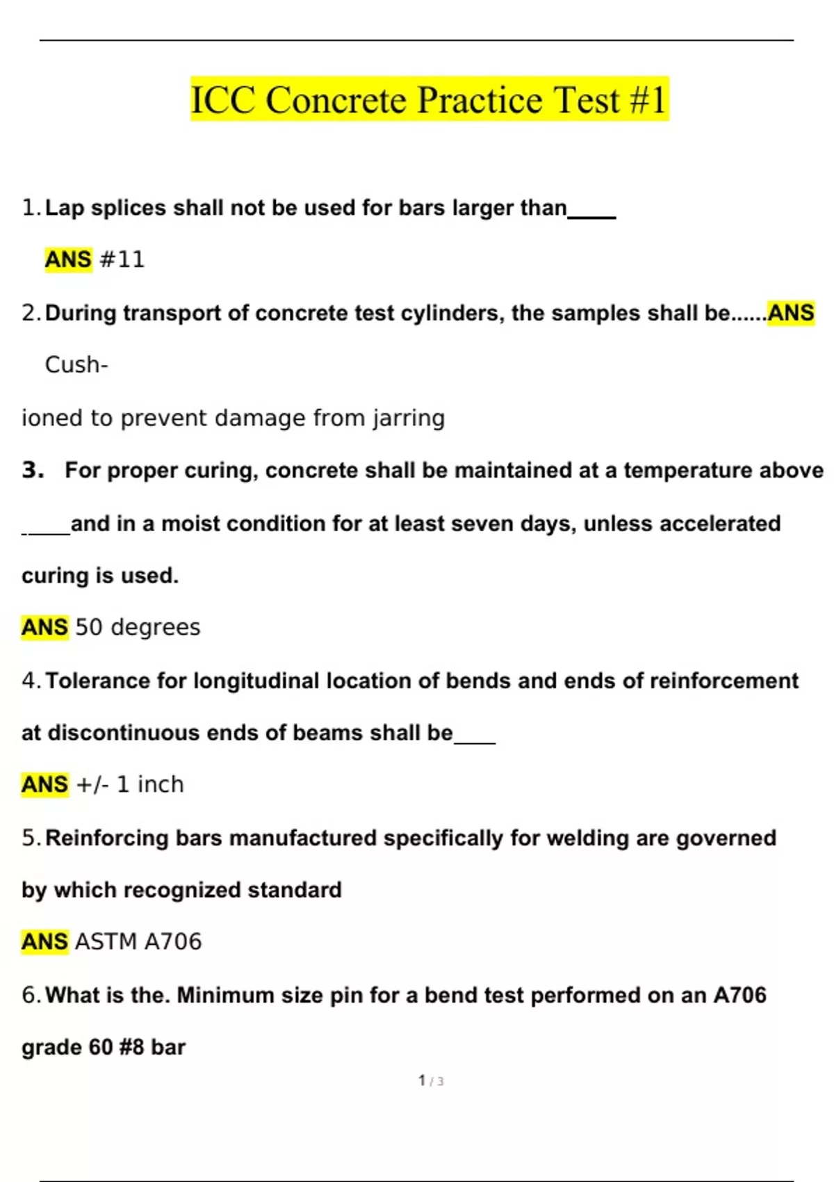 ICC Concrete Practice Test 1 Questions With Complete Solutions ICC
