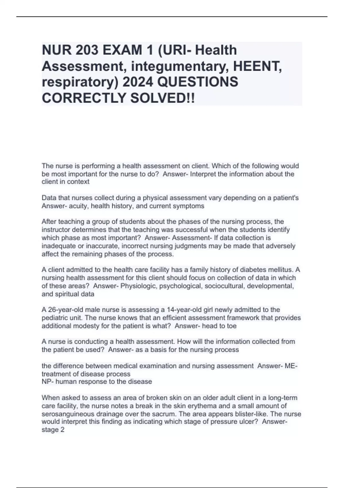 NUR 203 EXAM 1 (URI- Health Assessment, integumentary, HEENT ...