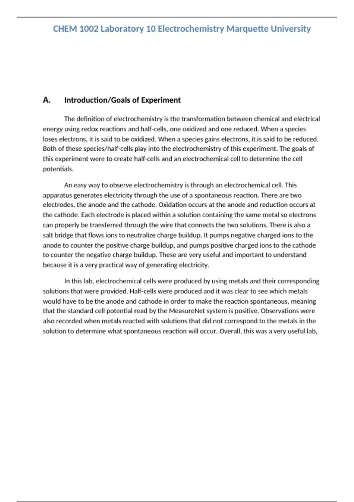 Chem 1002 Notes.pdf CHEM 1002 Laboratory 10 Electrochemistry Marquette University - CHEM ...
