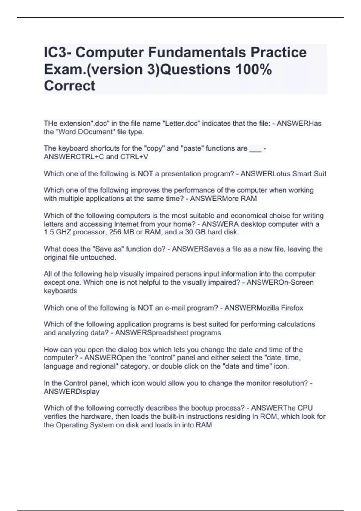 IC3- Computer Fundamentals Practice Exam.(version 3)Questions 100% ...