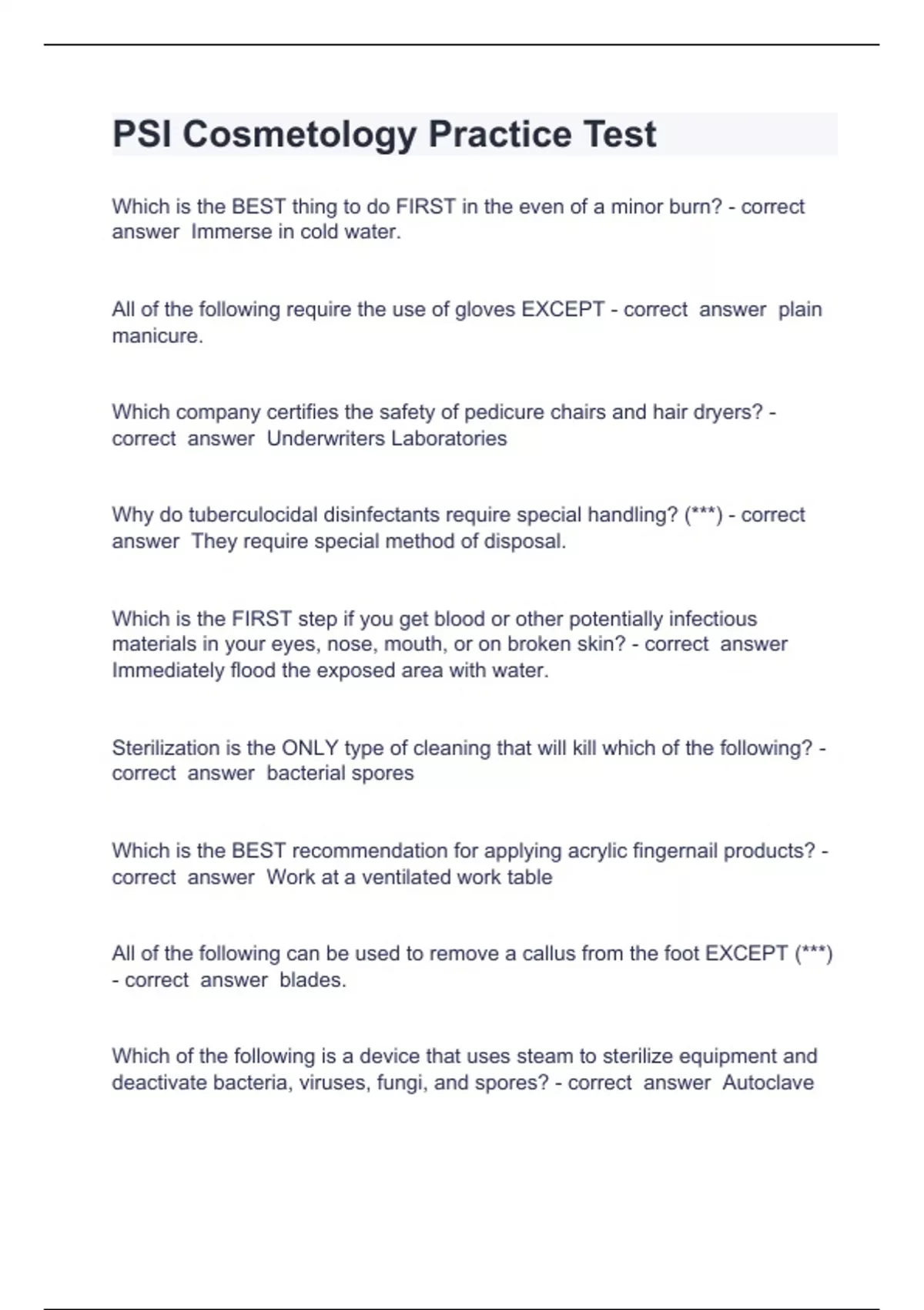 PSI Cosmetology Practice Test Question and answers 100% correct 2024 ...