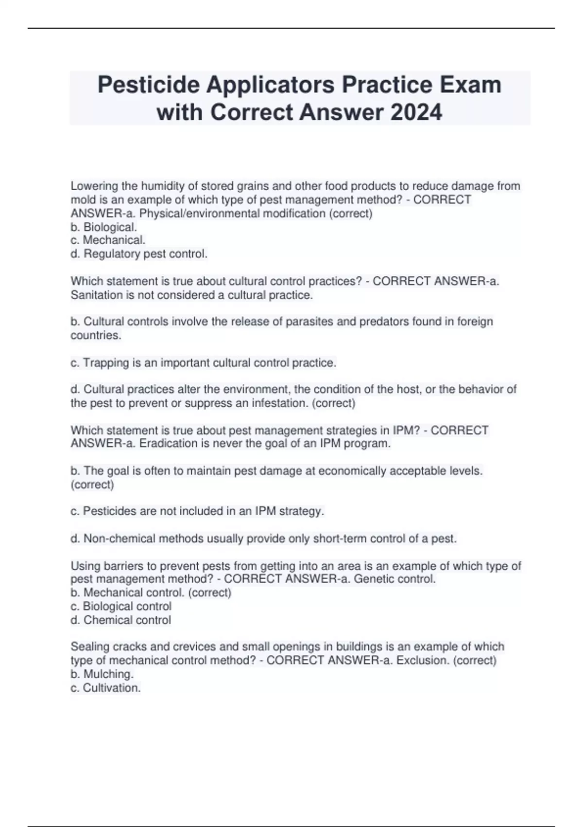 Pesticide Applicators Practice Exam with Correct Answer 2024