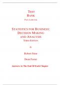 Test Bank for Statistics for Business Decision Making and Analysis 3rd Edition By Robert Stine, Dean Foster (All Chapters, 100% Original Verified, A+ Grade)