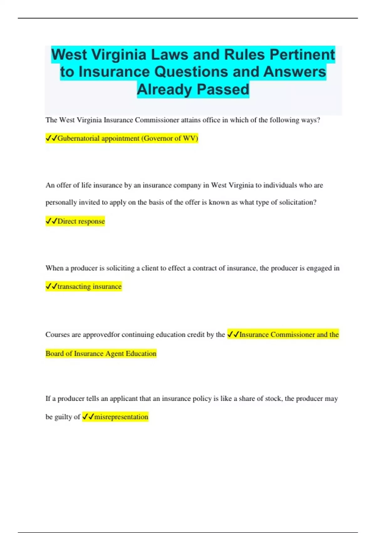 West Virginia Laws and Rules Pertinent to Insurance Questions and