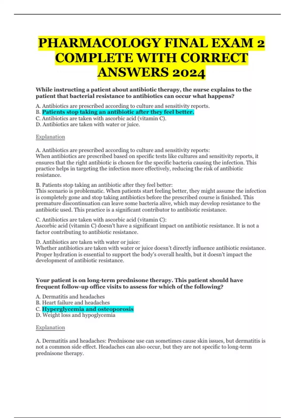 PHARMACOLOGY FINAL EXAM 2 COMPLETE WITH CORRECT ANSWERS 2024 ...