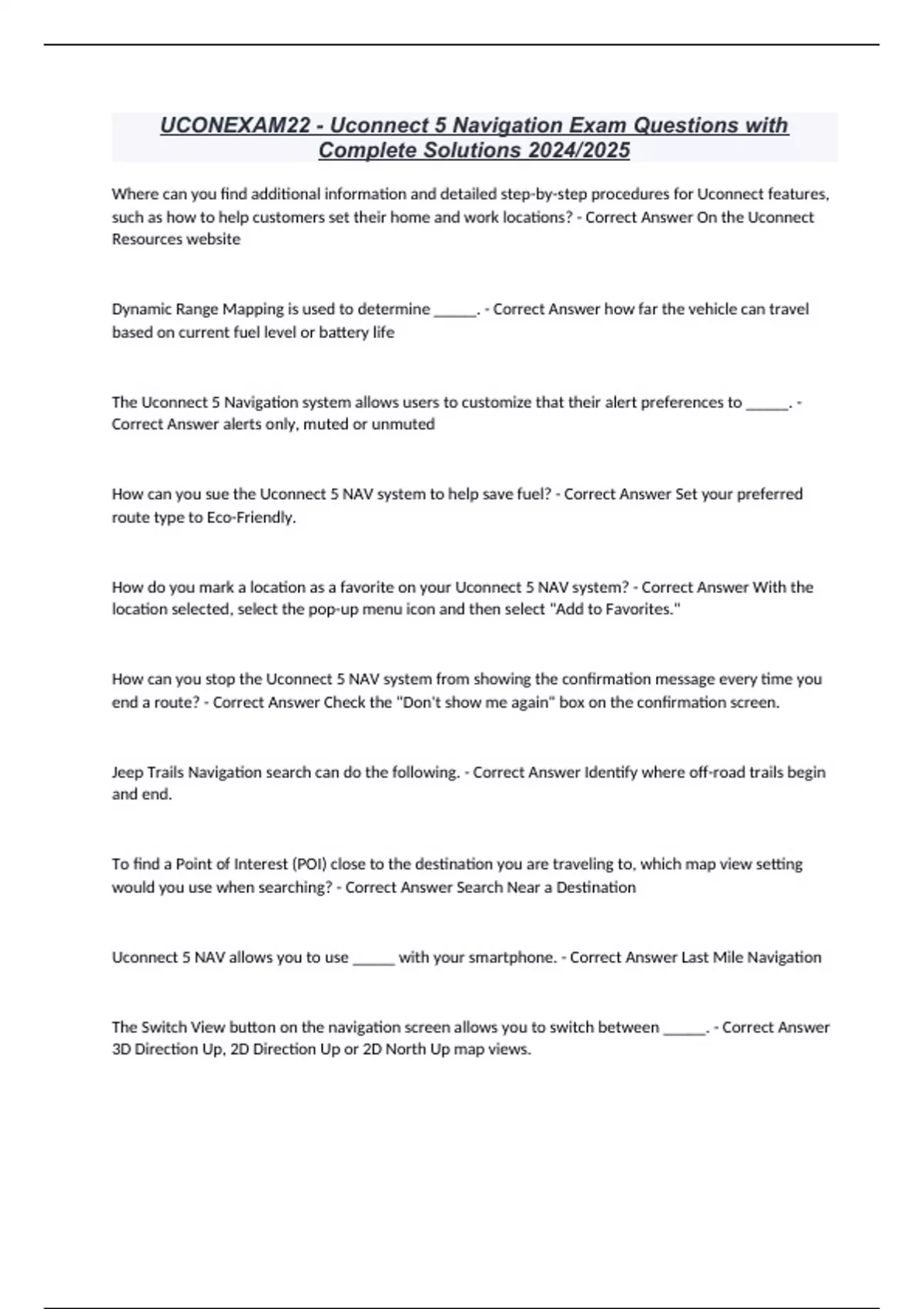 UCONEXAM22 Uconnect 5 Navigation Exam Questions with Complete