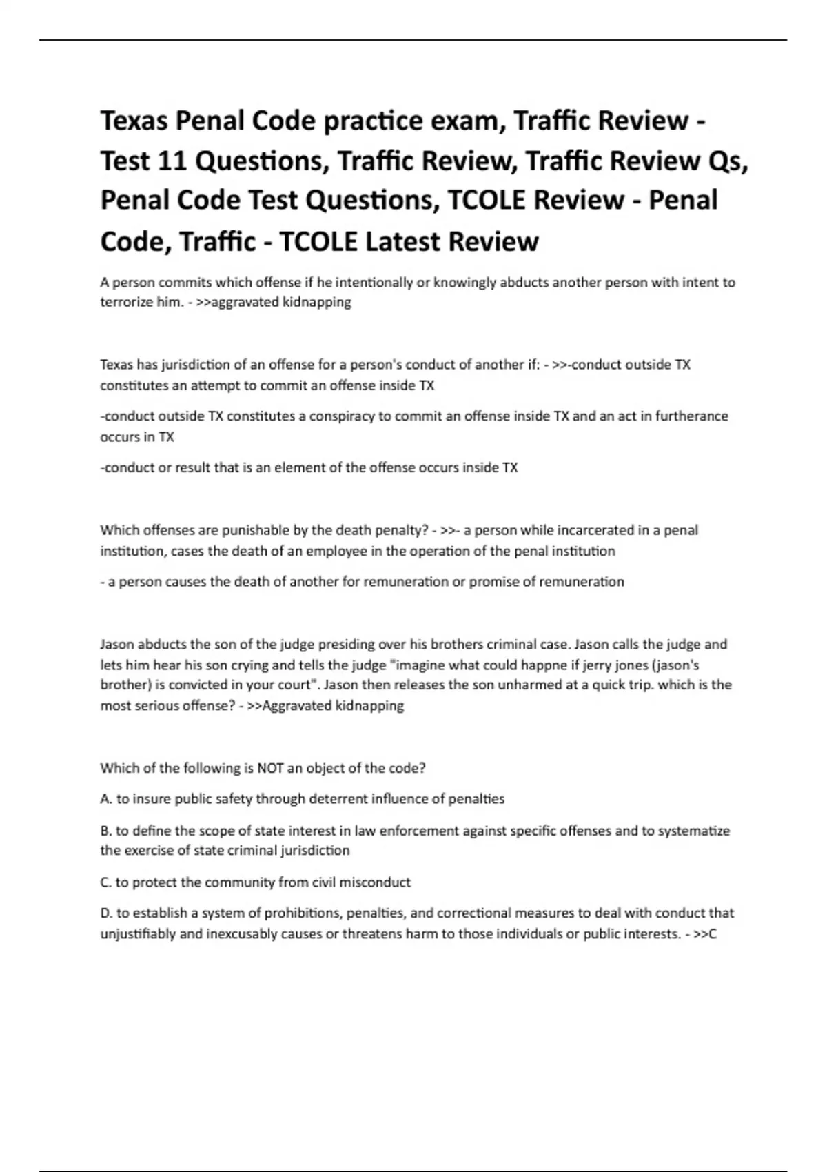 Texas Penal Code practice exam, Traffic Review Test 11 Questions