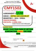 CMY1502 ASSIGNMENT 1 QUIZ MEMO - SEMESTER 1 - 2024 - UNISA - DUE : 4 APRIL 2024 (INCLUDES EXTRA MCQ BOOKLET WITH ANSWERS - DISTINCTION GUARANTEED)