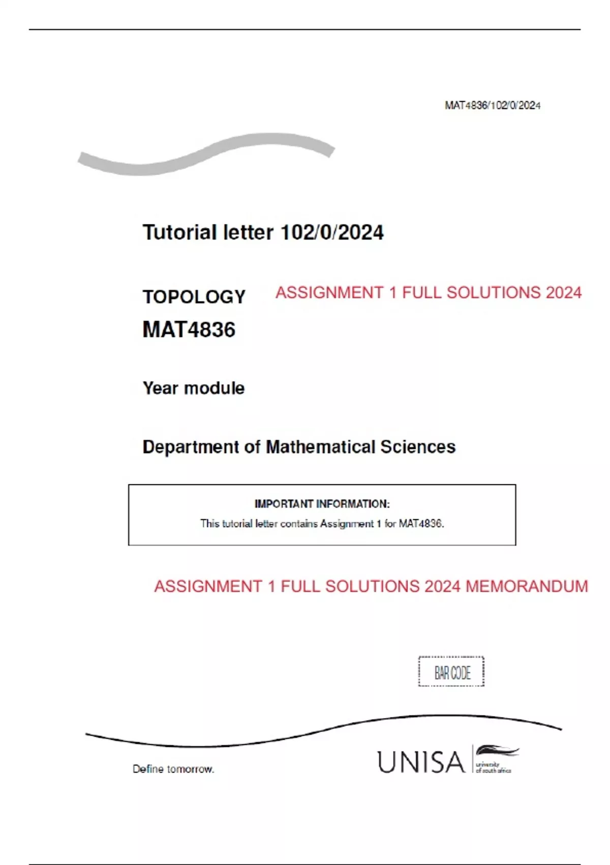 MAT4836 ASSIGNMENT 1 FULL SOLUTIONS TOPOLOGY UNISA 2024 MEMORANDUM ...
