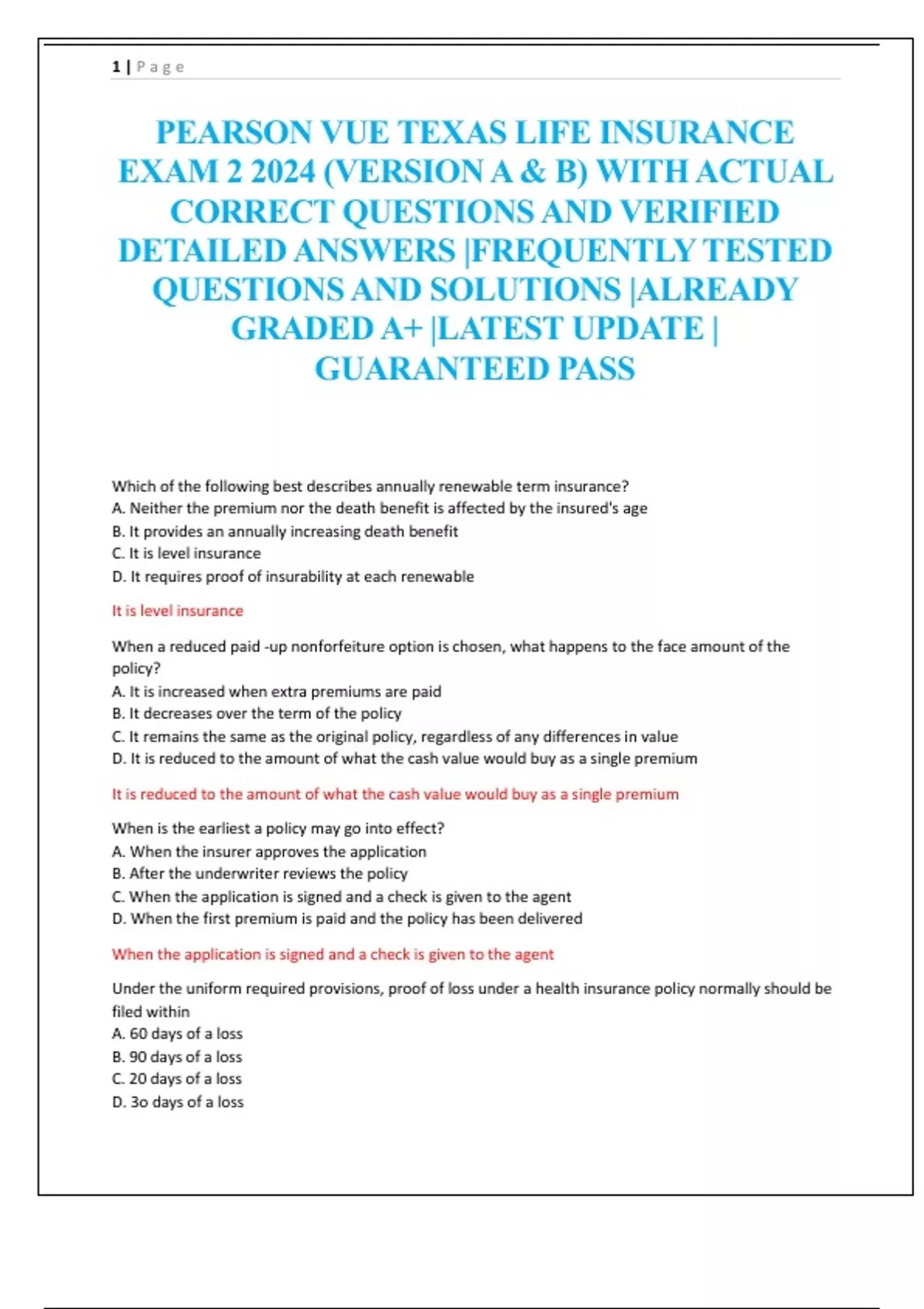 PEARSON VUE TEXAS LIFE INSURANCE EXAM 2 2024 (VERSION A & B) WITH
