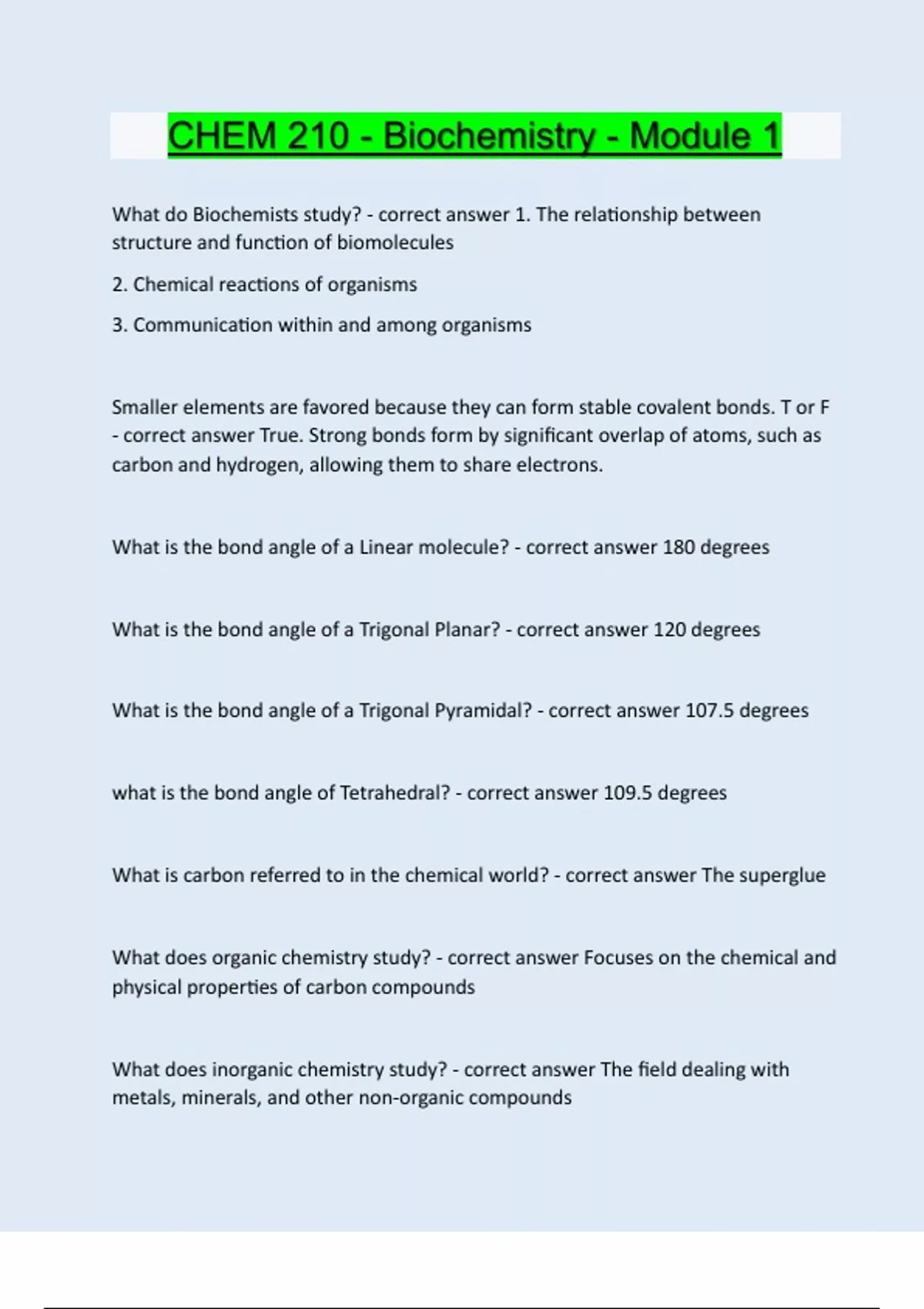 Chem 210 Biochemistry Module 1 Questions And Answers Latest Update