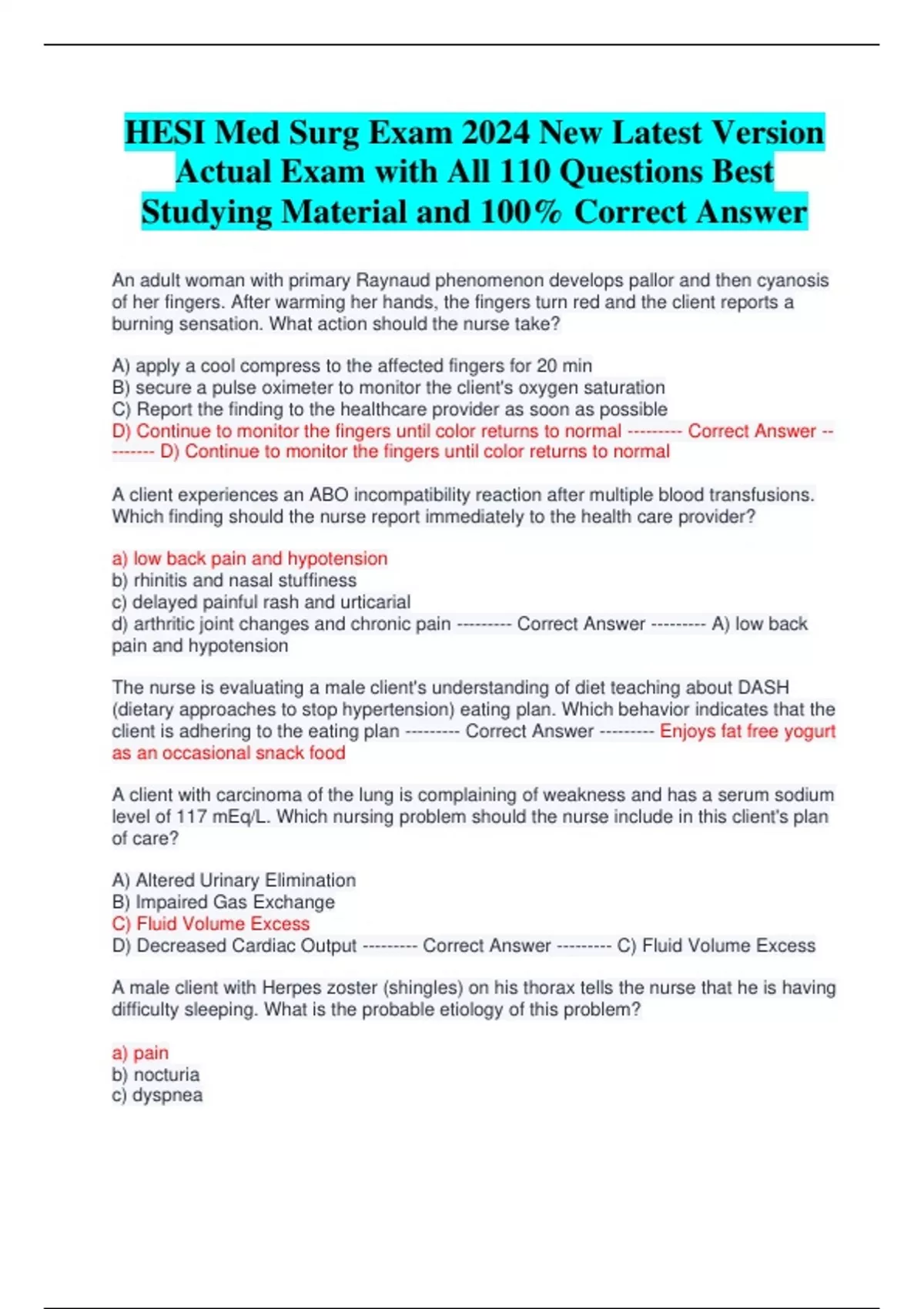 HESI Med Surg Exam 2024 New Latest Version Actual Exam with All 110 ...