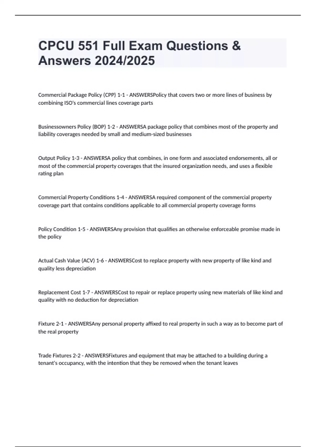 CPCU 551 Full Exam Questions & Answers 2024/2025 - CPCU 551 Full 