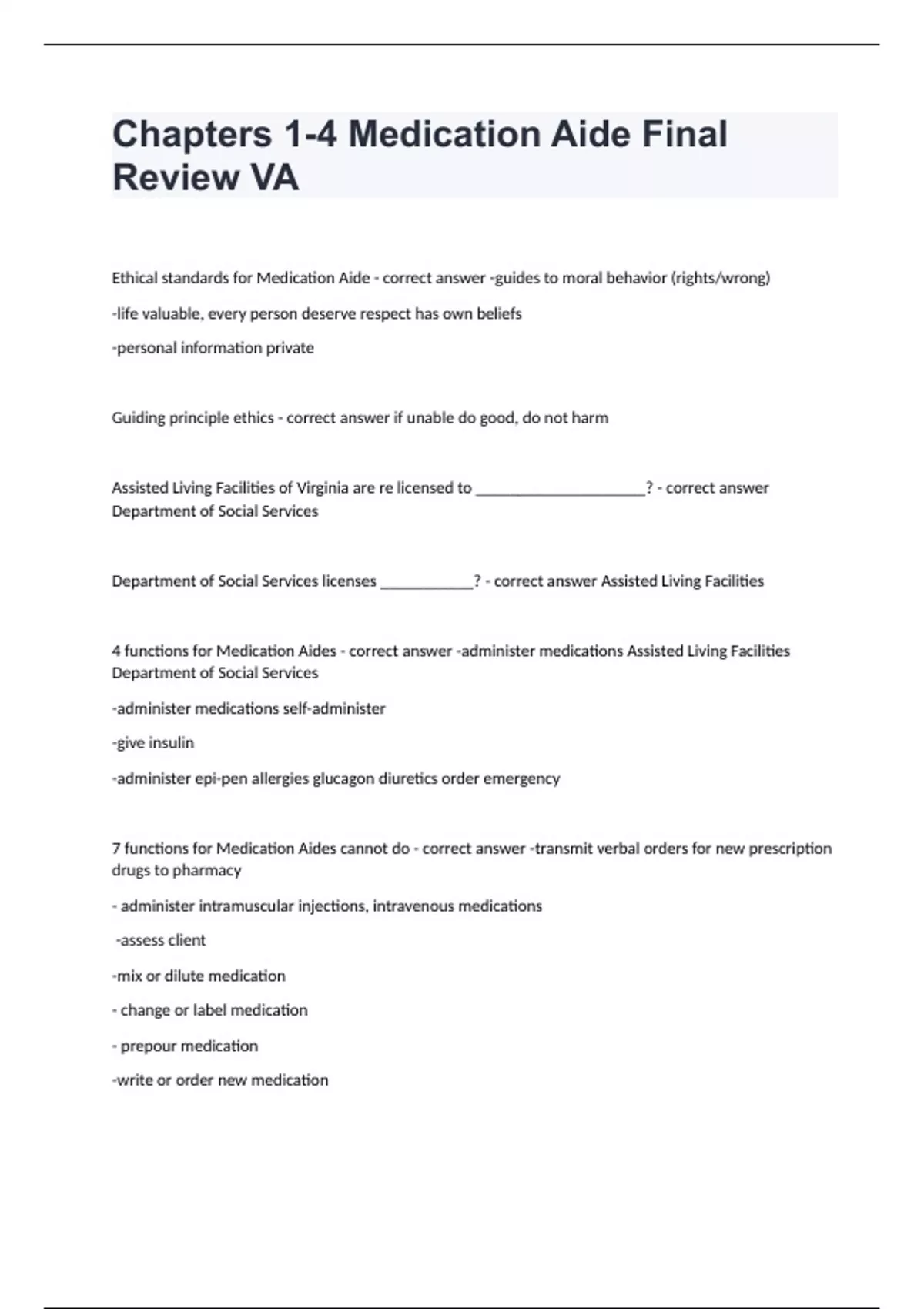Chapters 14 Medication Aide Final Review VA 2024/2025 passed