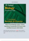 AQA A-level Biology paper 1 Exam Questions Containing 134 Terms with Certified Answers 2024-2025.  