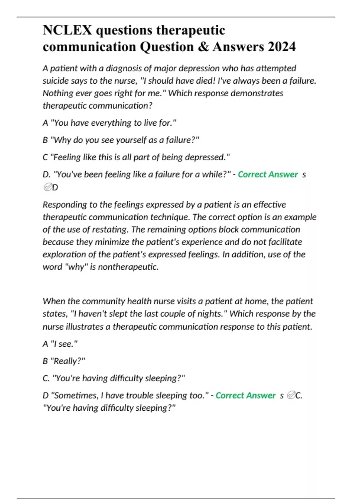 NCLEX questions therapeutic communication Question & Answers 2024