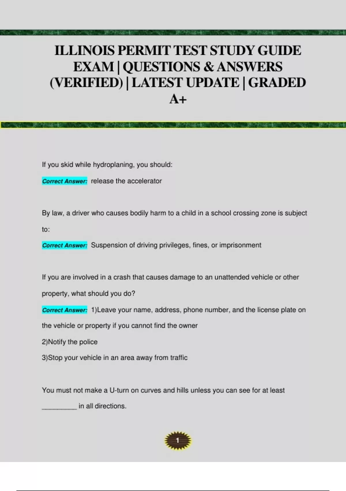 ILLINOIS PERMIT TEST STUDY GUIDE EXAM QUESTIONS ANSWERS VERIFIED illinois-permit-test-study-guide-exam-questions-answers-verified
