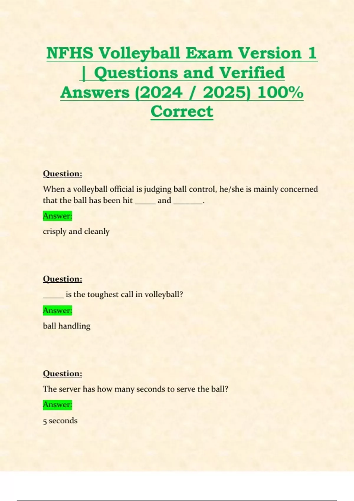 NFHS Volleyball Exam Version 1 Questions and Verified Answers (2024 /