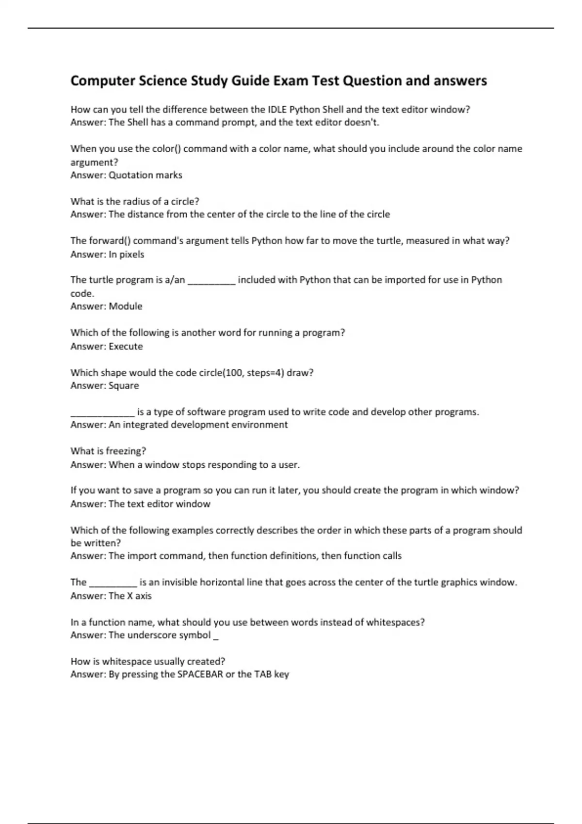 Computer Science Study Guide Exam Test Question and answers ...
