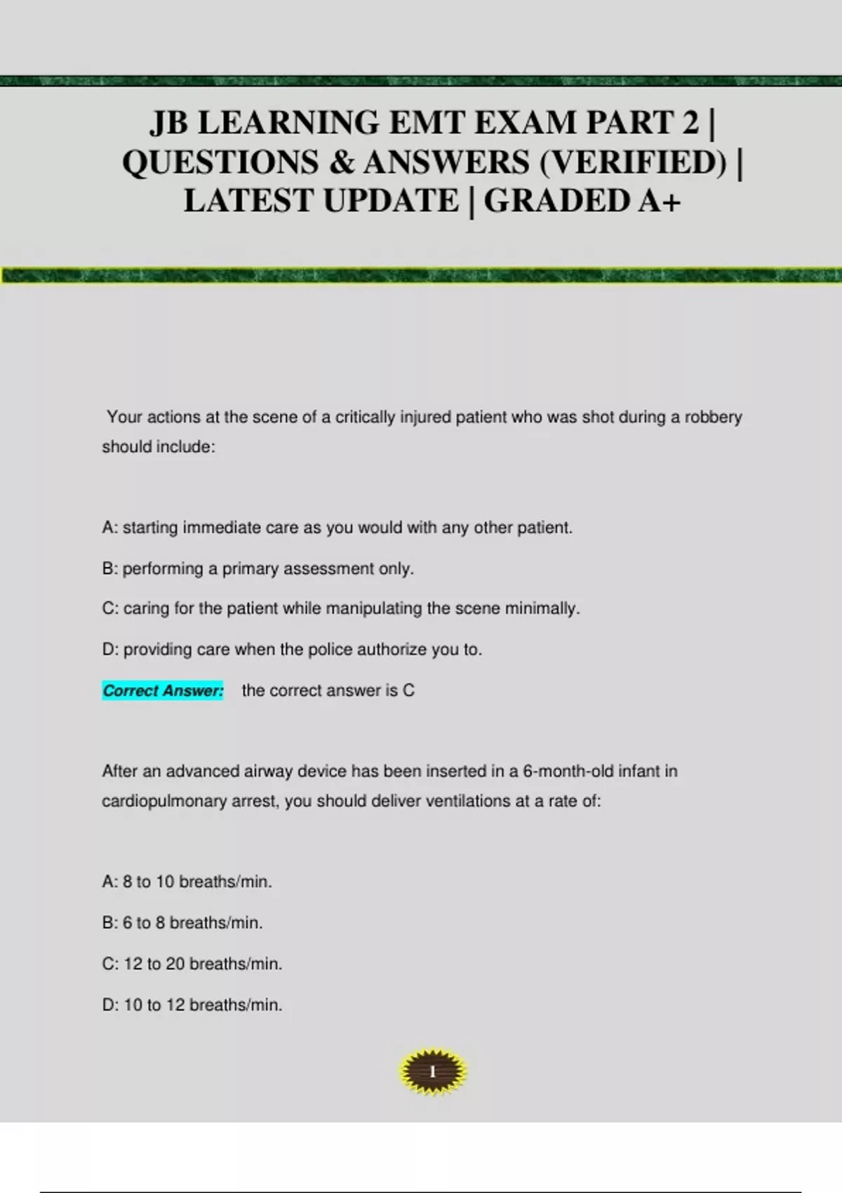 JB LEARNING EMT EXAM PART 2 QUESTIONS & ANSWERS (VERIFIED) LATEST