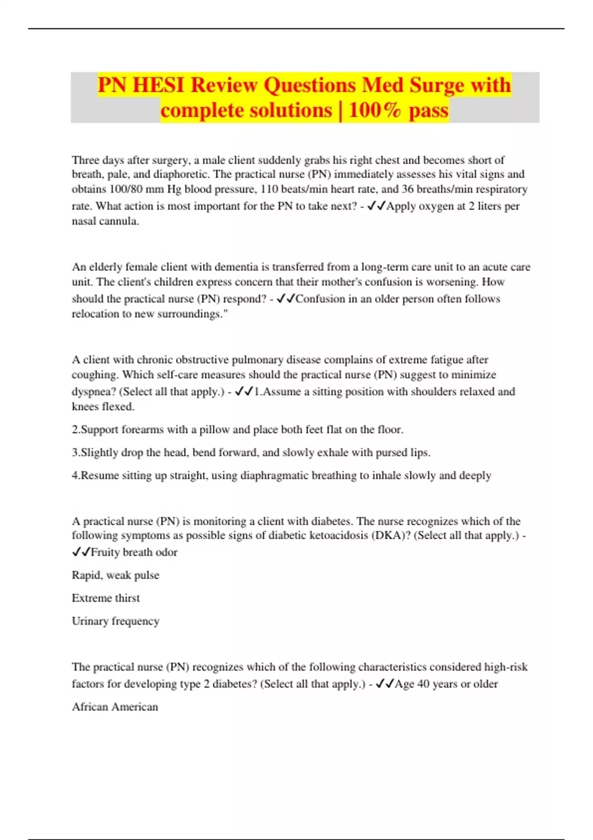 PN HESI Review Questions Med Surge with complete solutions | 100% pass ...