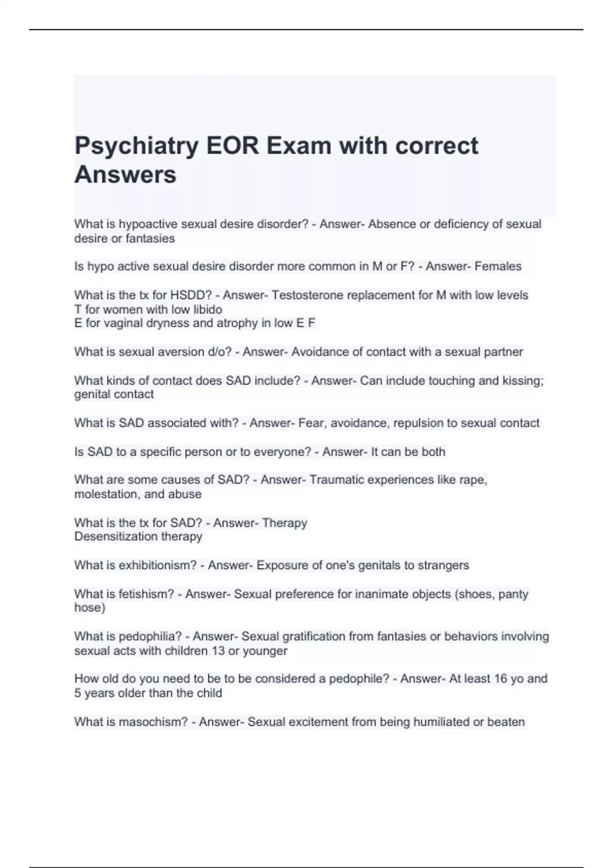 Psychiatry EOR Exam with correct Answers 2024 Psych EOR Stuvia UK