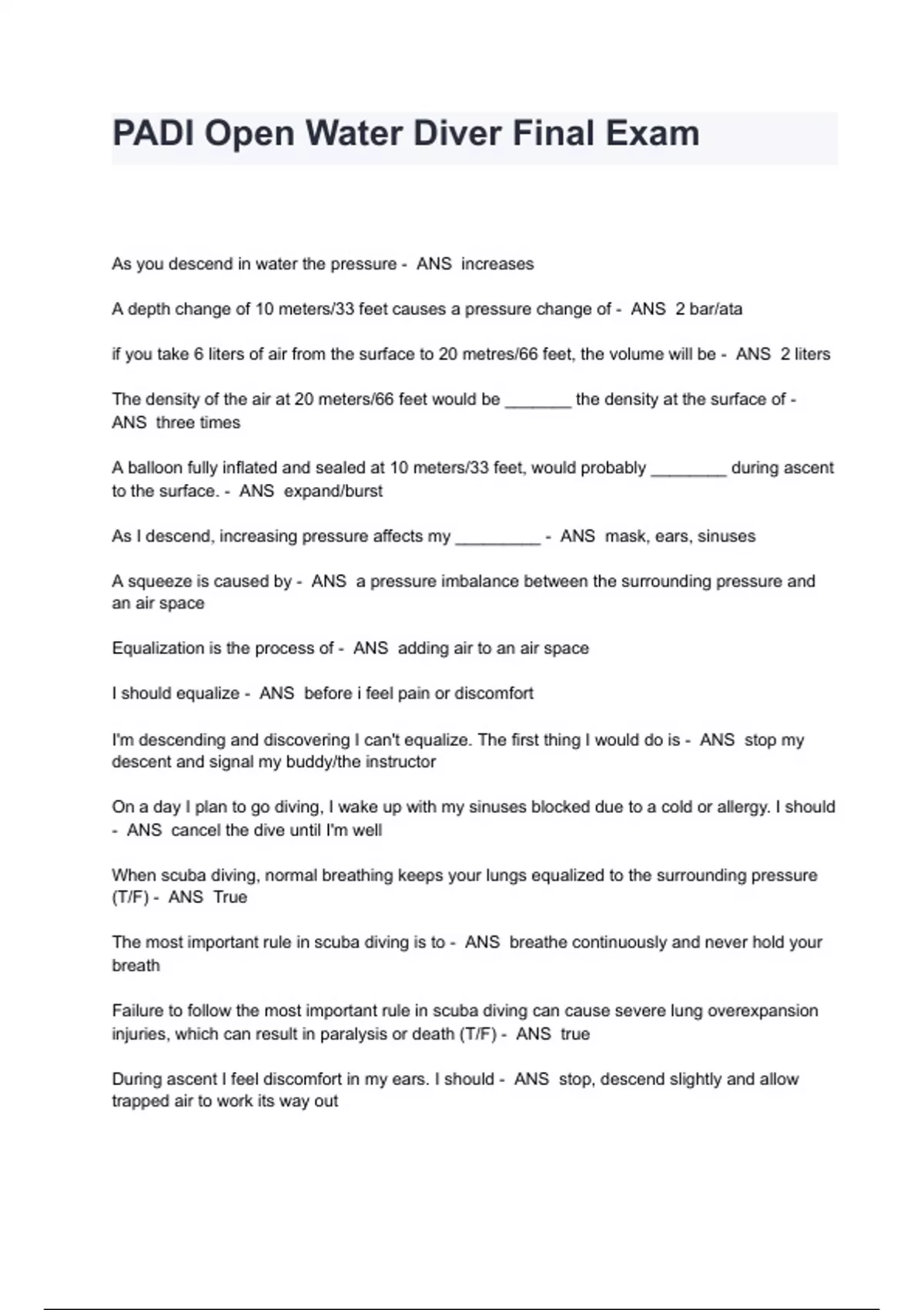 PADI Open Water Diver Final Exam Questions And Answers PADI Open