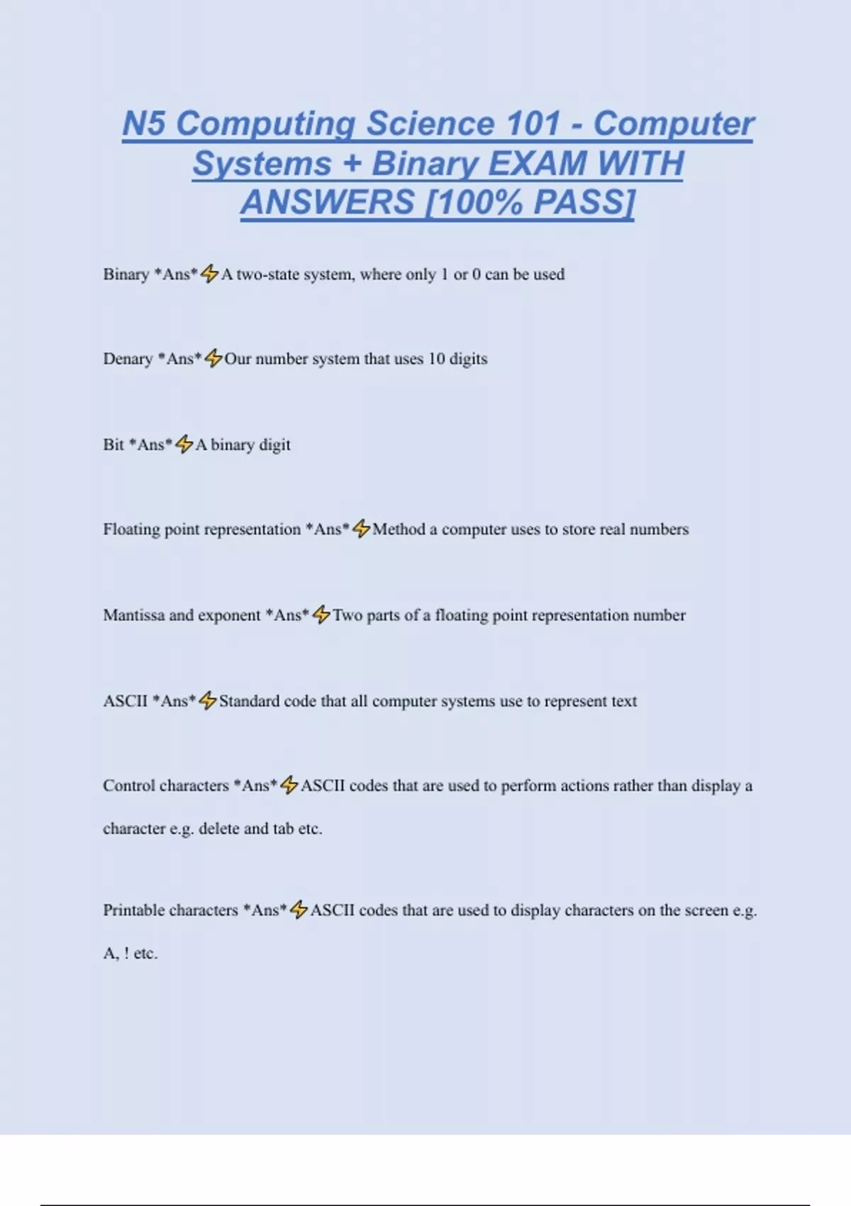 N5 Computing Science 101 - Computer Systems + Binary EXAM WITH ANSWERS ...