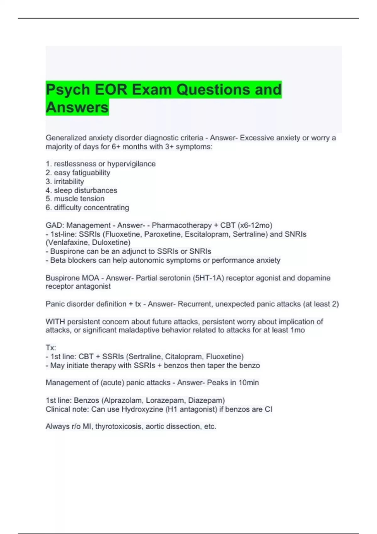 Psych EOR Exam Questions and Answers 2024 Psych EOR Stuvia US