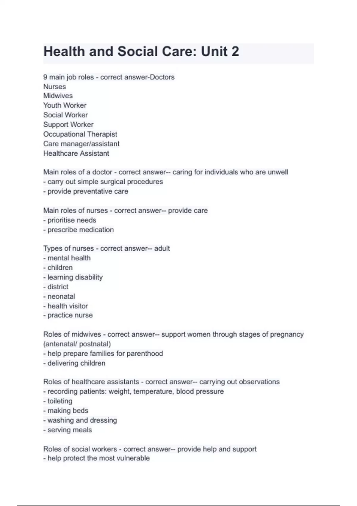 Health and Social Care: Unit 2 questions and answers latest 2024 ...