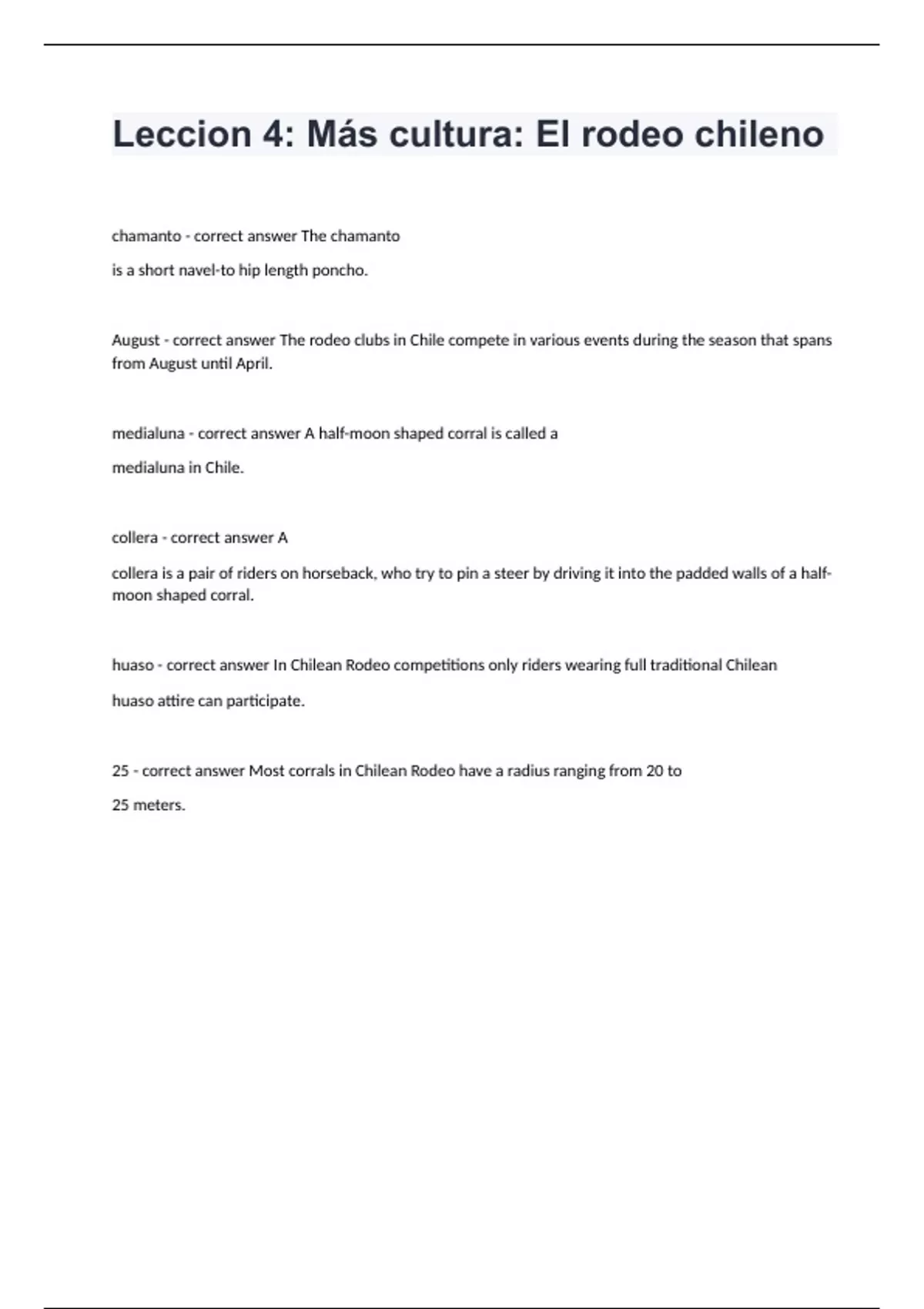 Leccion 4 Más cultura El rodeo chileno questions with correct answers