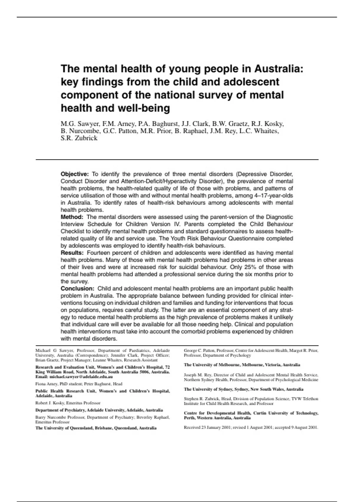 The mental health of young people in Australia: key findings from the ...