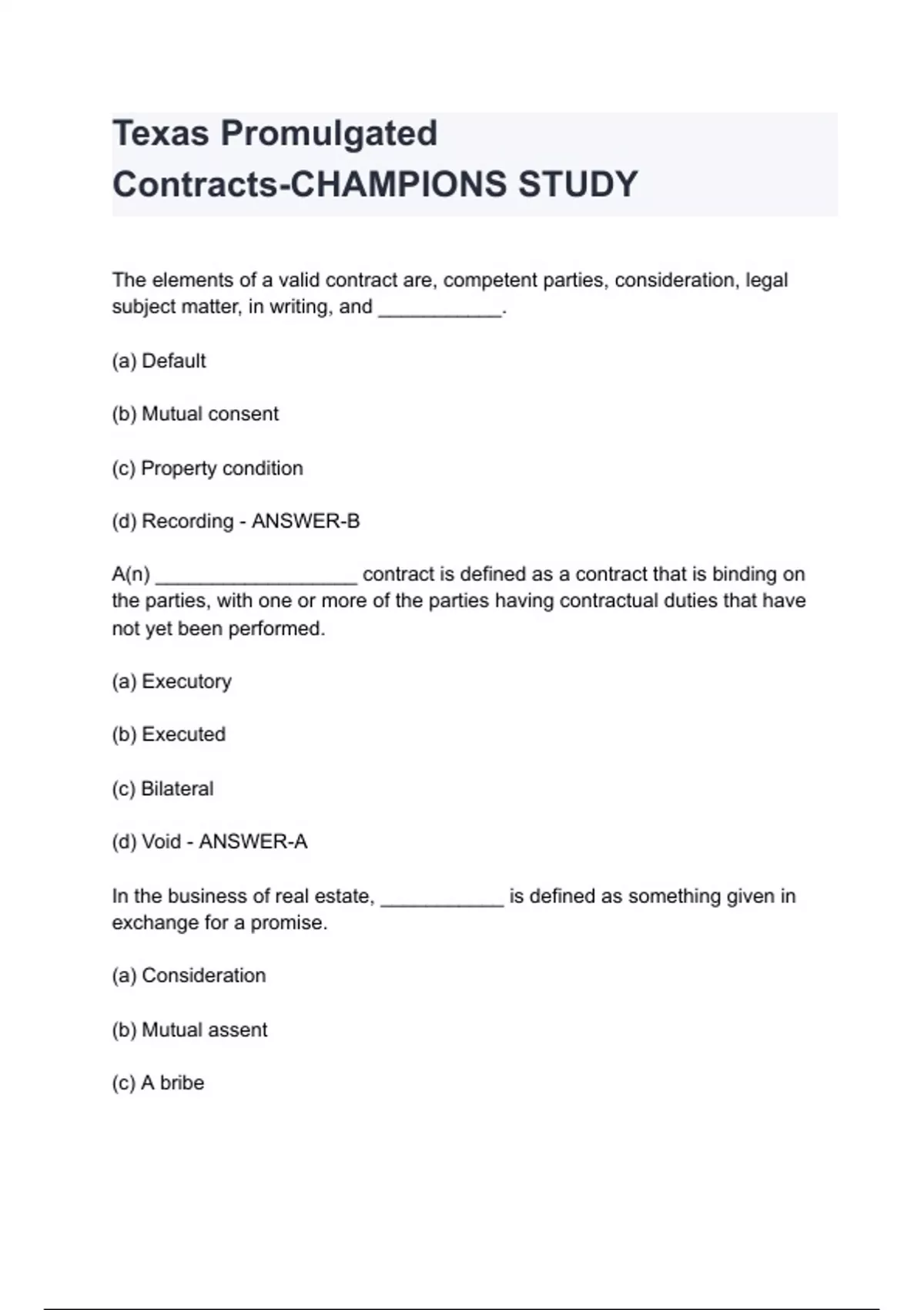 Texas Promulgated Contract Forms Questions with correct answers Stuvia US