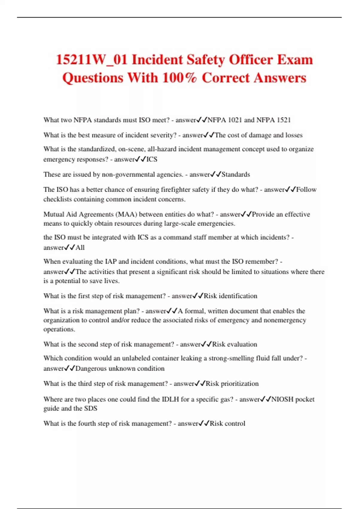 15211W_01 Incident Safety Officer Exam Questions With 100 Correct