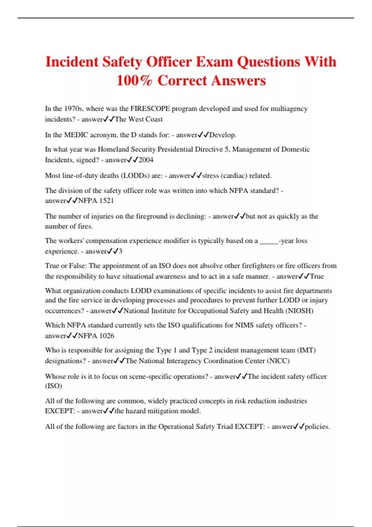 Incident Safety Officer Exam Questions With 100 Correct Answers