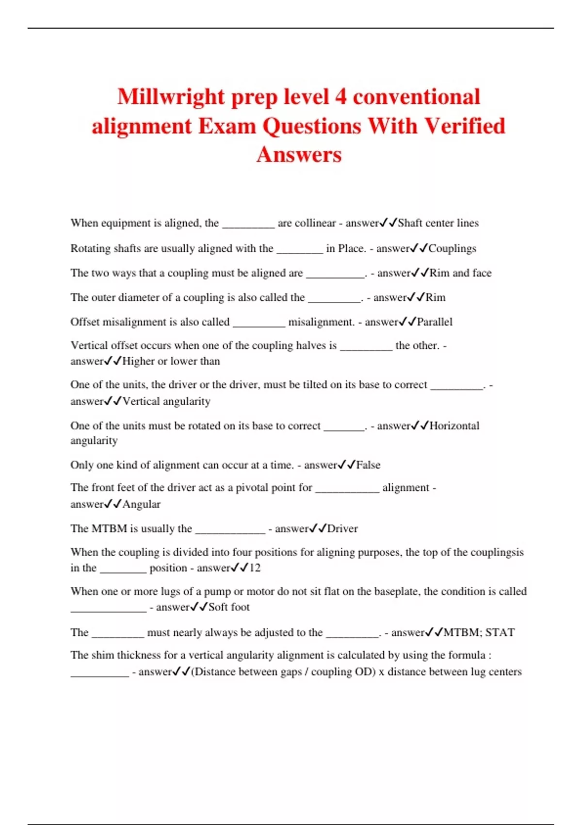 Millwright prep level 4 conventional alignment Exam Questions With