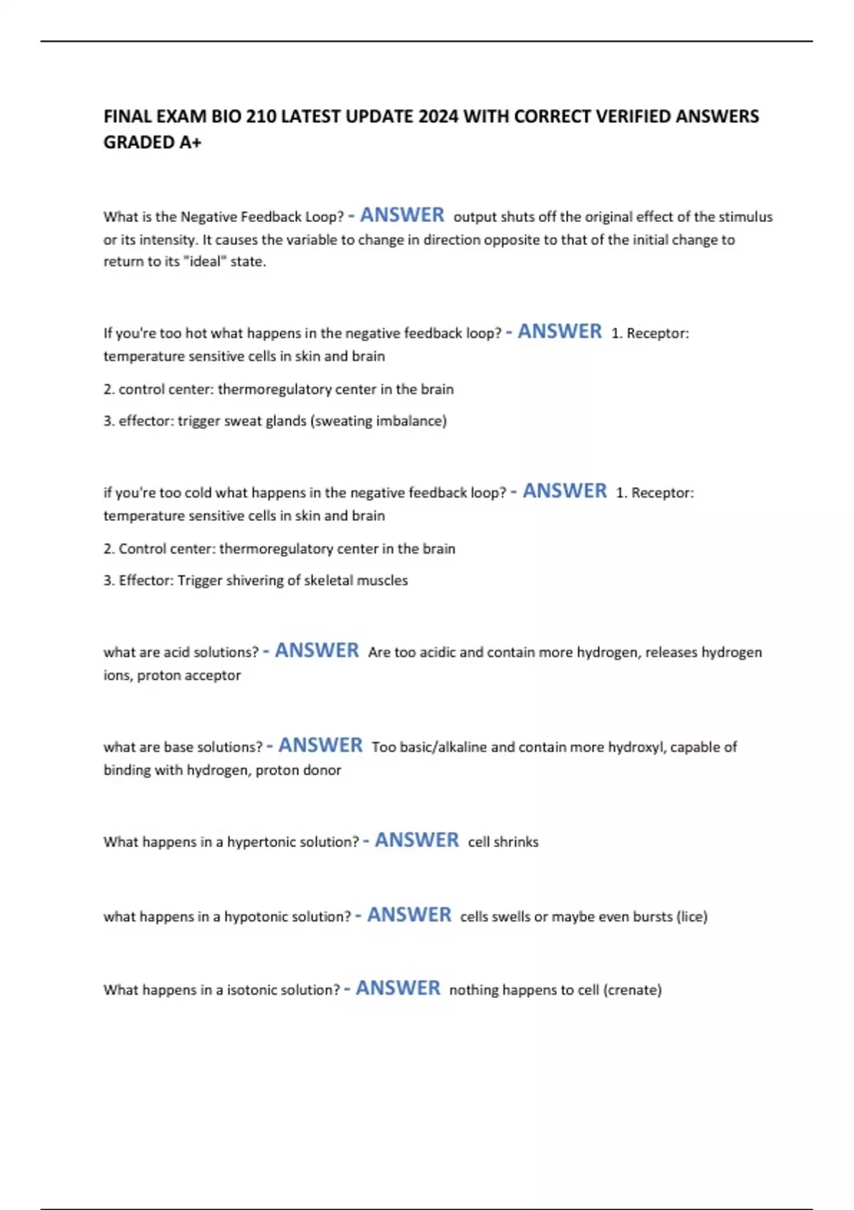 FINAL EXAM BIO 210 LATEST UPDATE 2024 WITH CORRECT VERIFIED ANSWERS ...