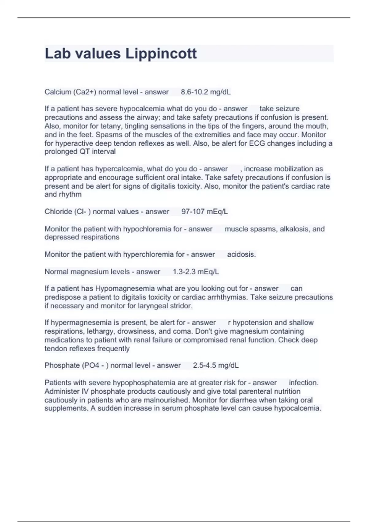 Lab values Lippincott, Questions and Answers 2024 Lippincott Stuvia US