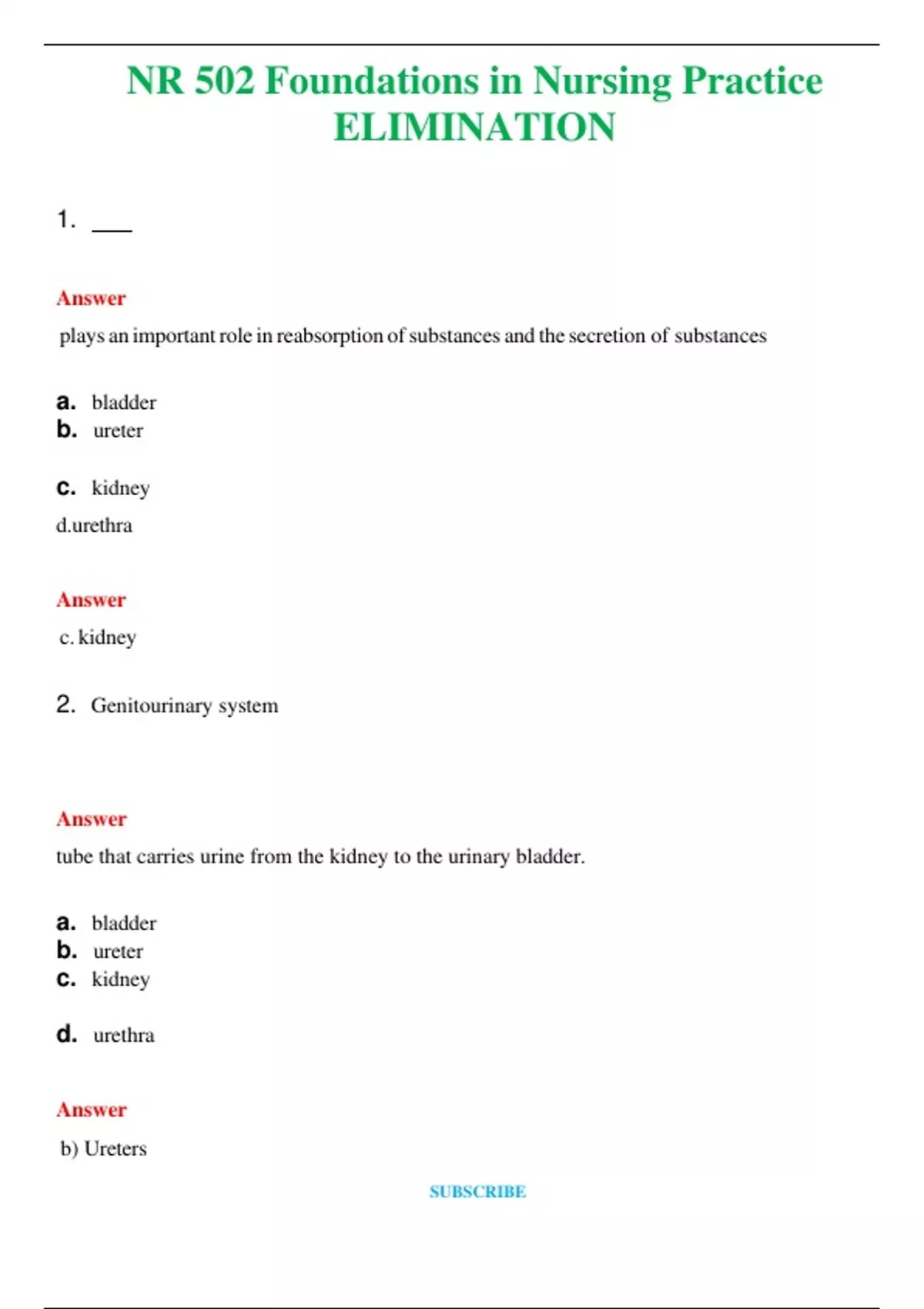 NR 502 Foundations in Nursing Practice ELIMINATION (Latest 2024 / 2025