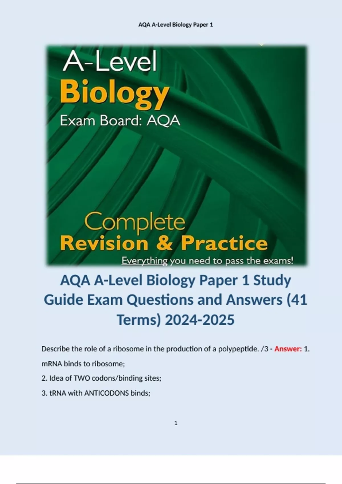 AQA A-Level Biology Paper 1 Study Guide Exam Questions and Answers (41 ...