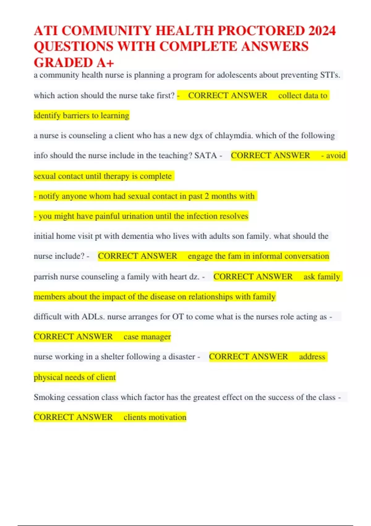 Ati Community Health Proctored 2024 Questions With Complete Answers