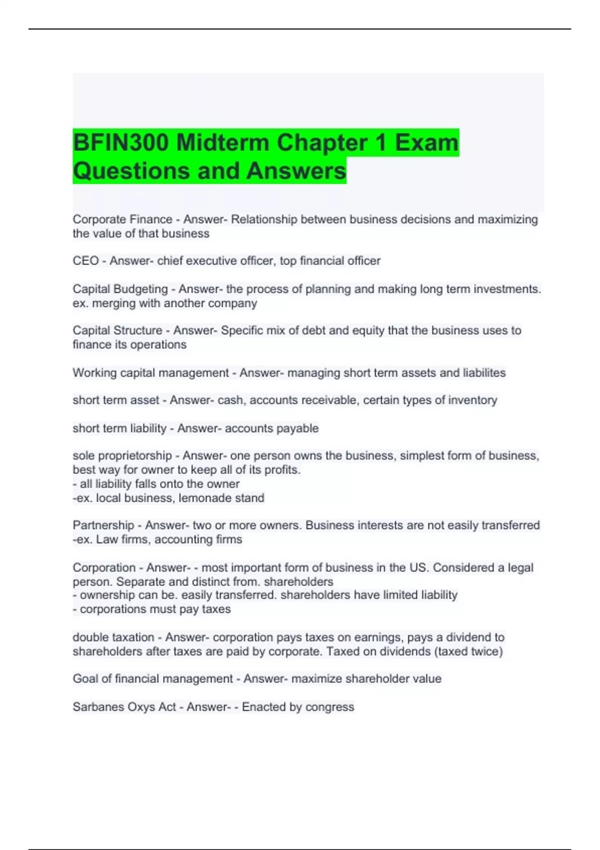 BFIN300 Midterm Chapter 1 Exam Questions and Answers 2024 - BFIN 300 ...