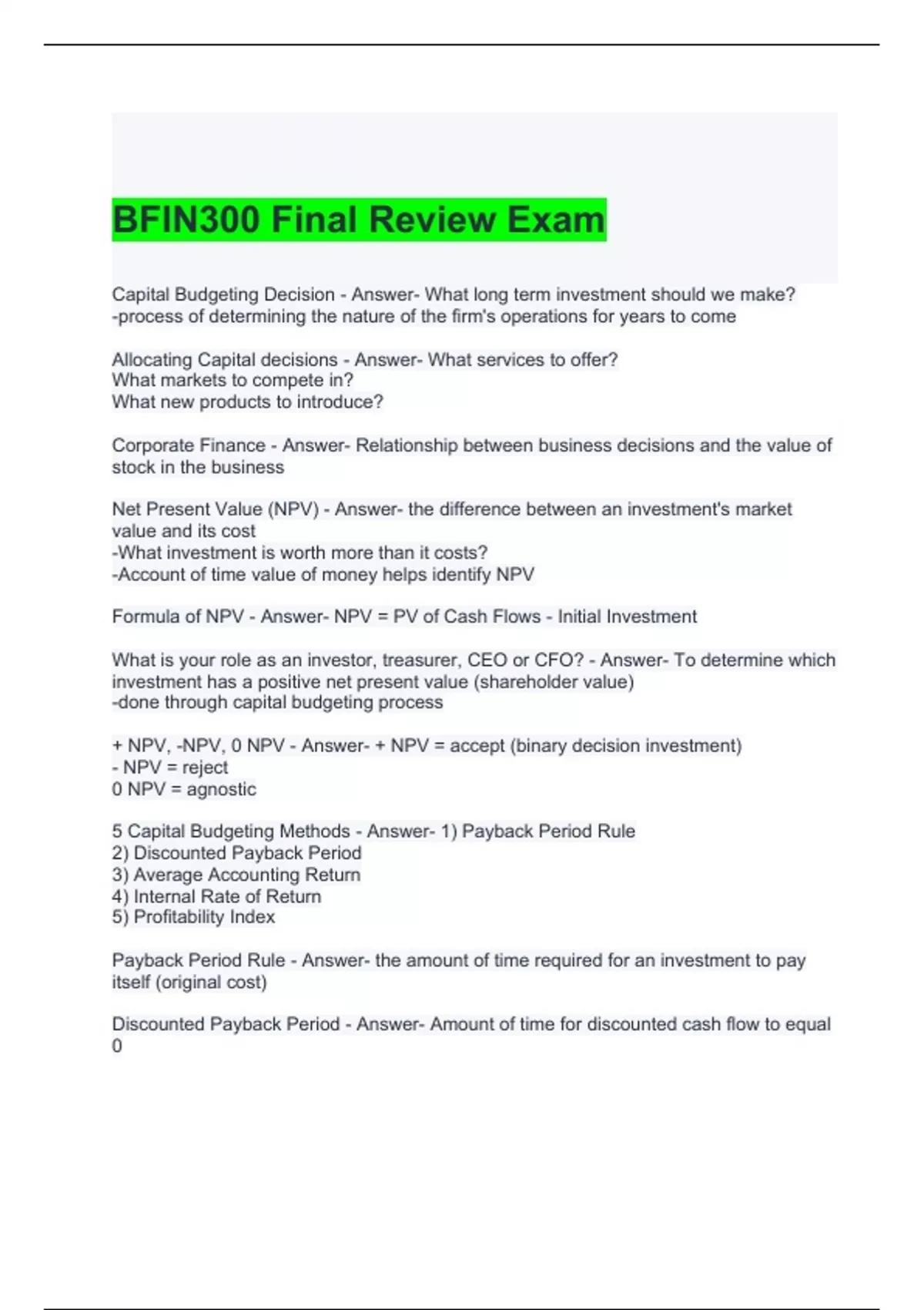BFIN300 Final Review Exam 2024 Questions with correct Answers - BFIN ...