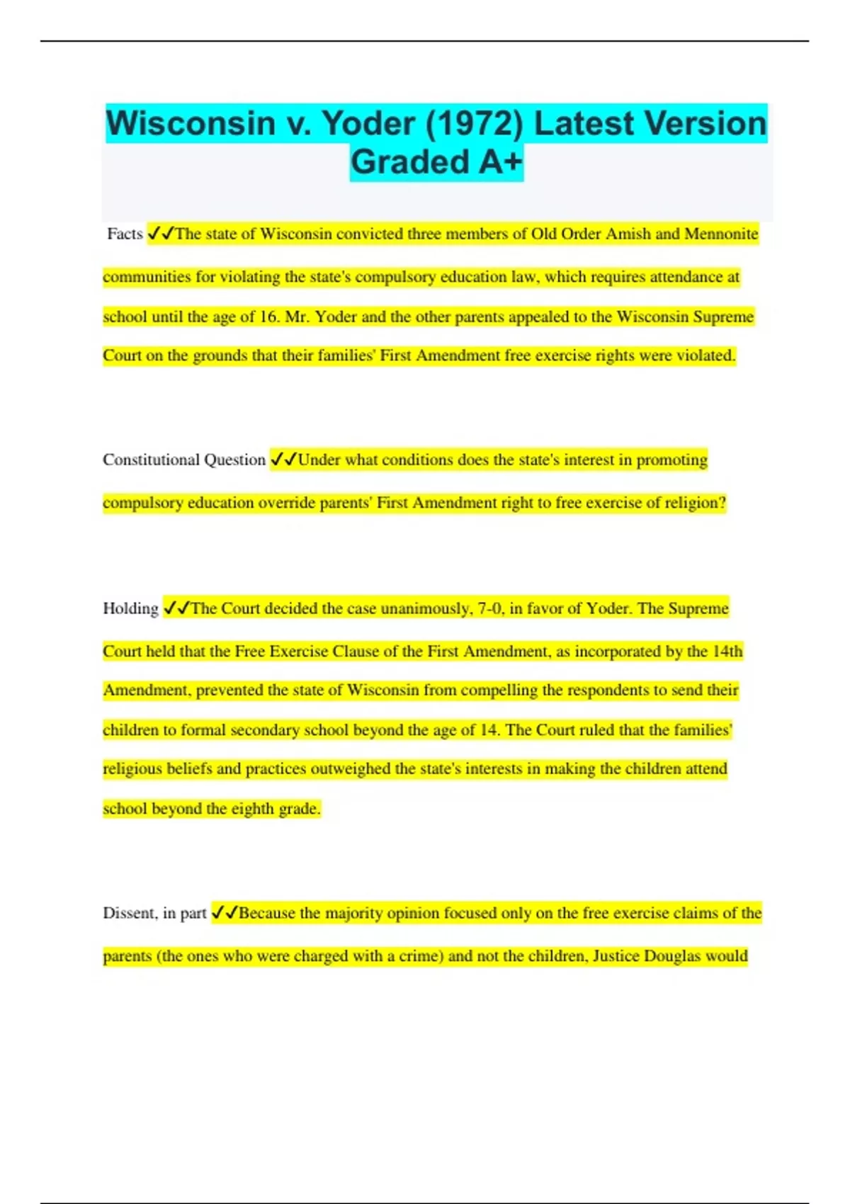 Wisconsin v. Yoder (1972) Latest Version Graded A+ Wisconsin v. Yoder