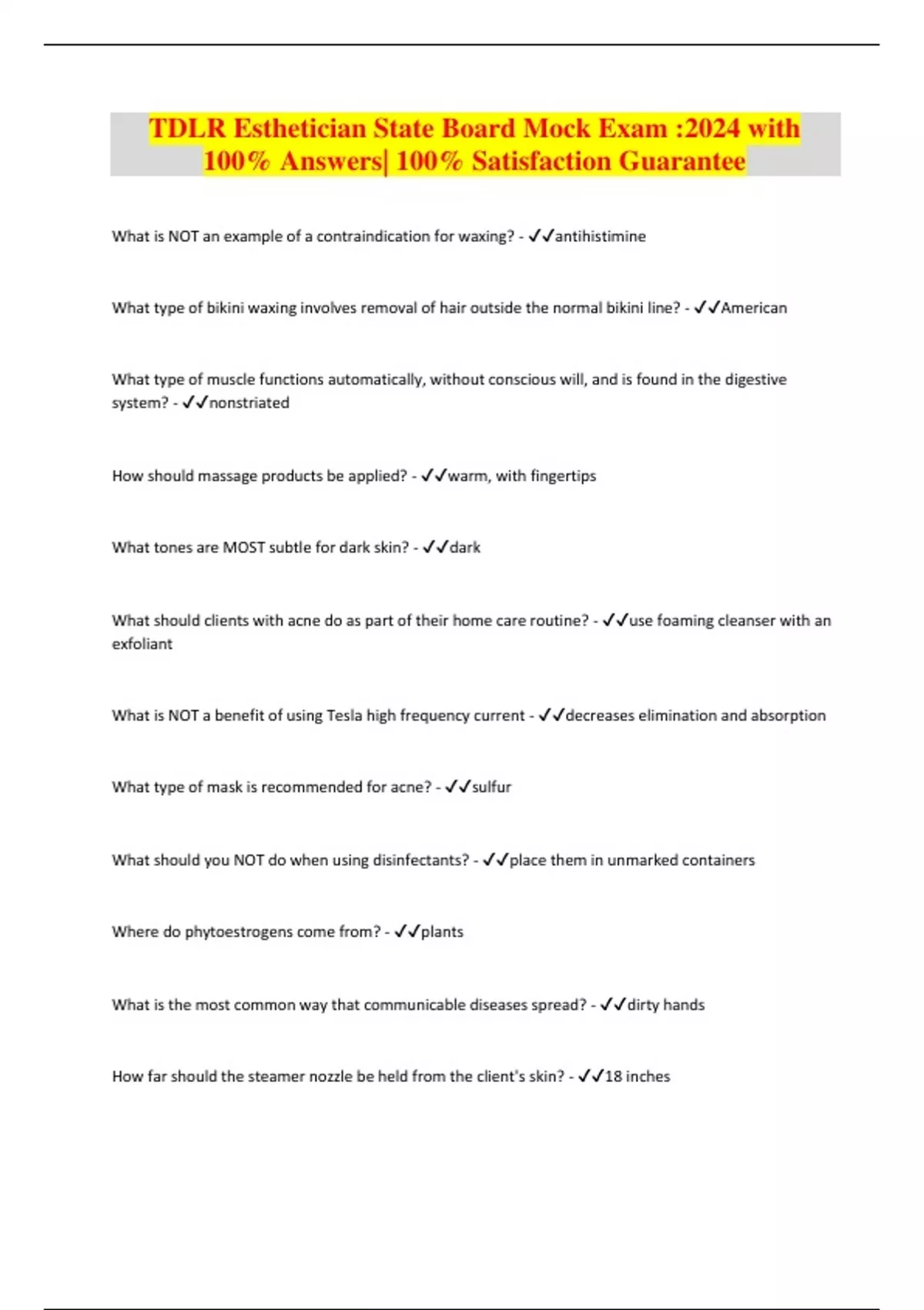 TDLR Esthetician State Board Mock Exam :2024 with 100% Answers| 100% Satisfaction Guarantee ...