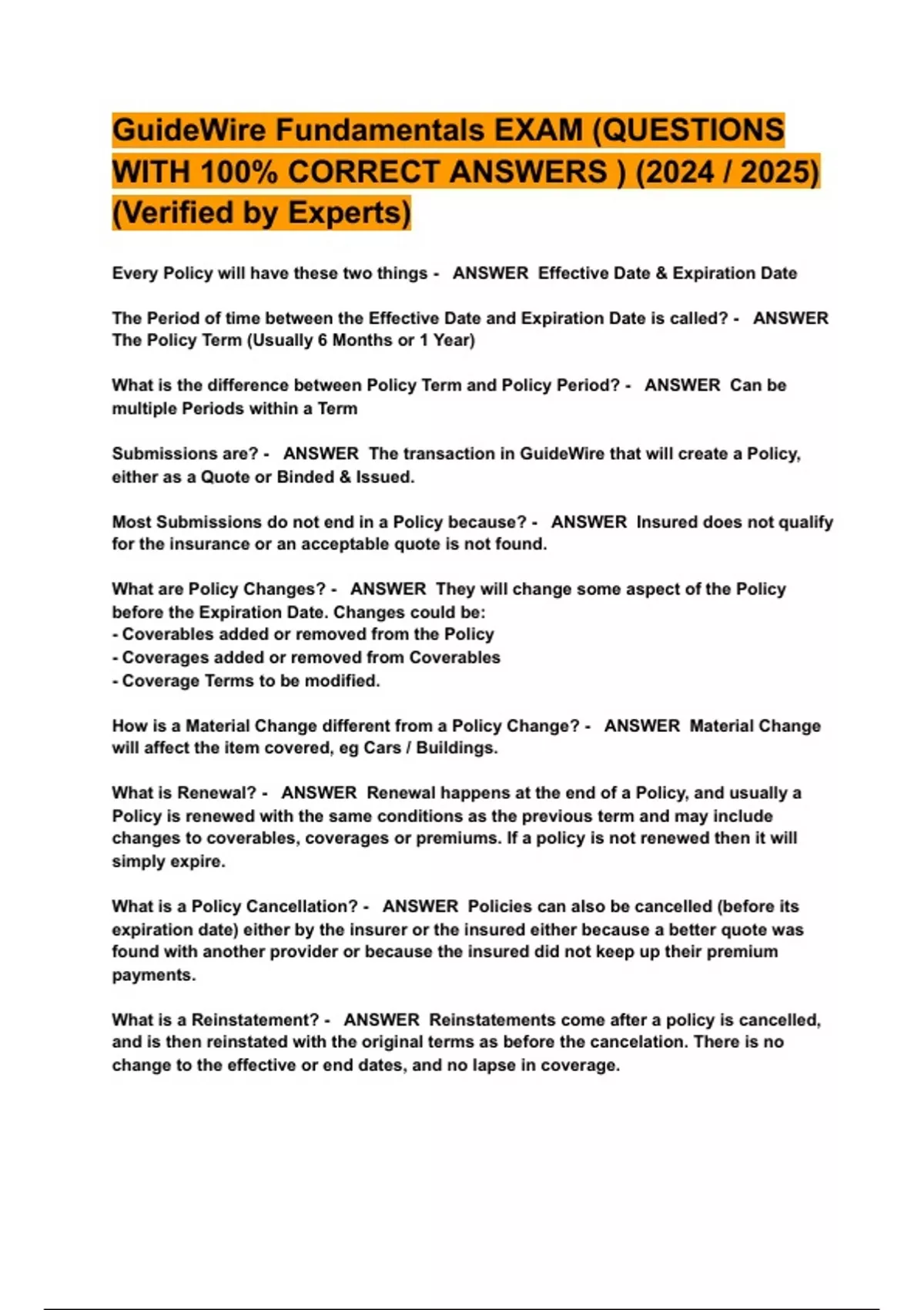 GuideWire Fundamentals EXAM (QUESTIONS WITH 100 CORRECT ANSWERS