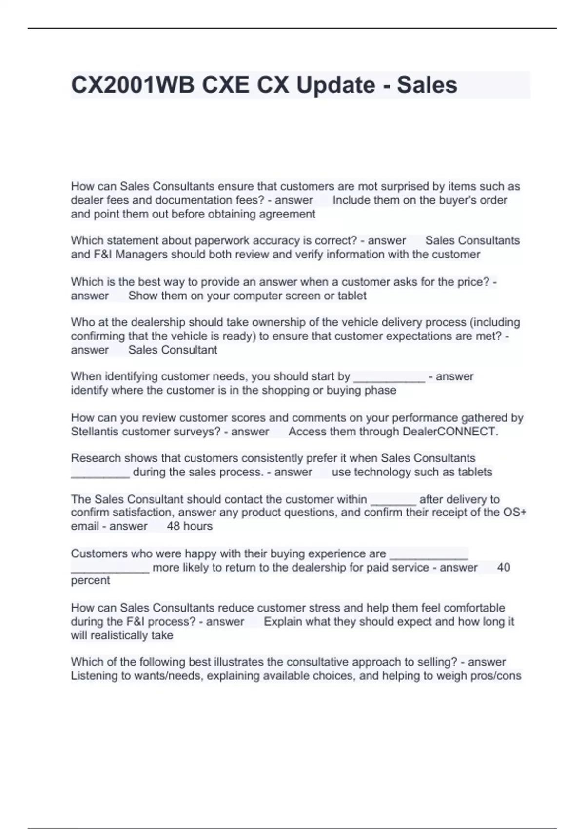 CX2001WB CXE CX Update - Sales Questions and Answers Latest Updated ...