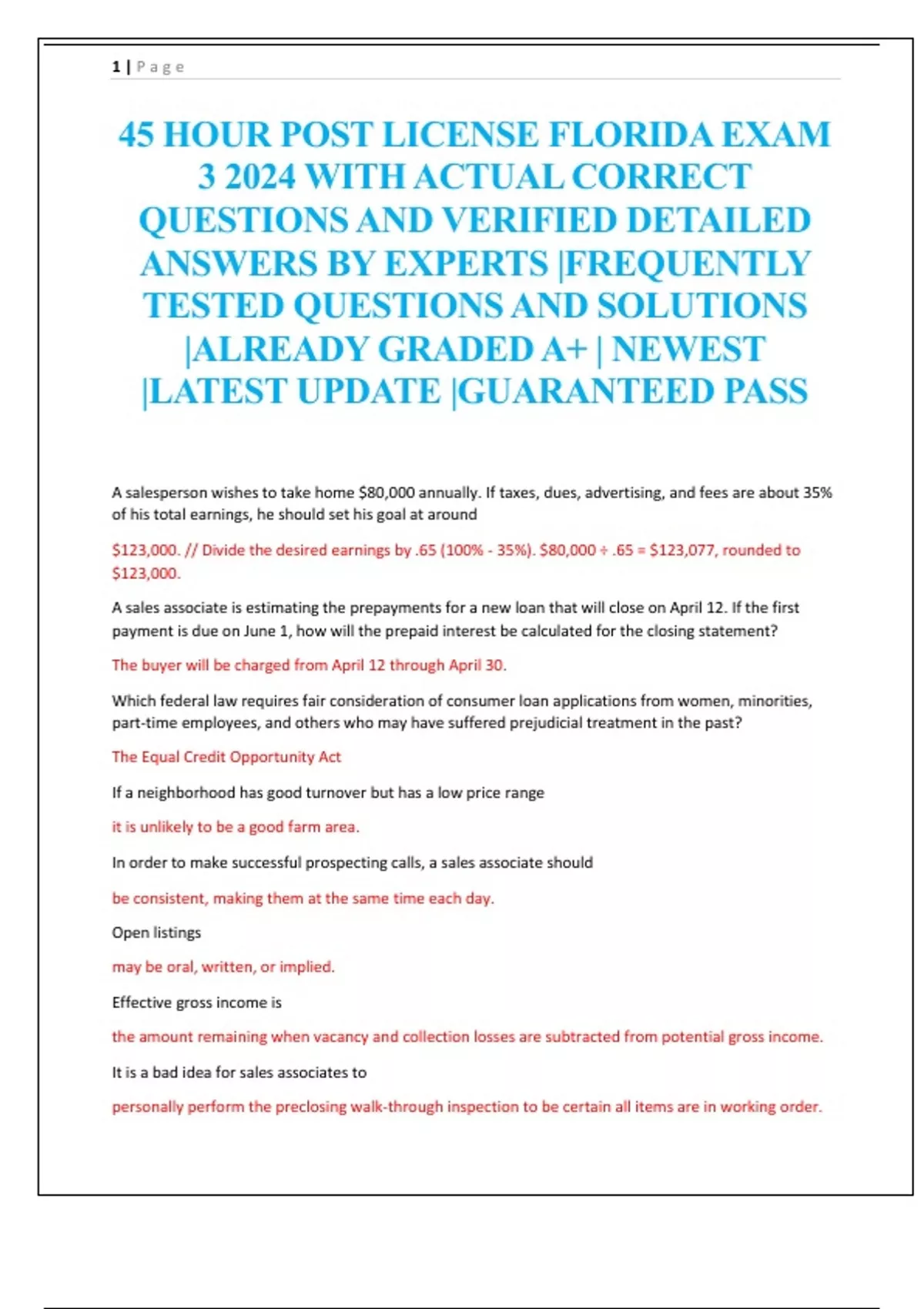 45 HOUR POST LICENSE FLORIDA EXAM 3 2024 WITH ACTUAL CORRECT QUESTIONS