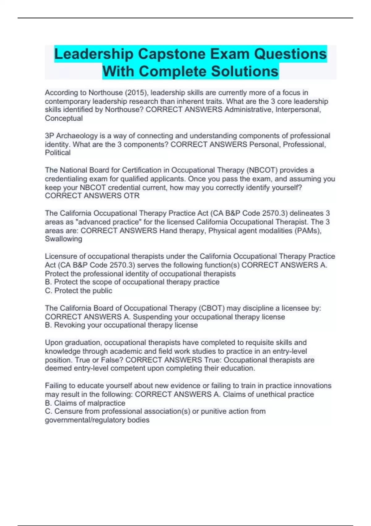 Leadership Capstone Exam Questions With Complete Solutions - ATI ...